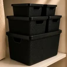 Kit Até 5 Caixas Organizadoras com Tampa Cesto Grande Plástico Resistente Multiuso Preto  2L 6L 16L