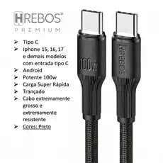 Cabo USB-C 100W Turbo 2m Hrebos Trançado Soft Black Compatível iPhone 15 16 17 Pro Max Notebook Tablet Carga Rápida PD