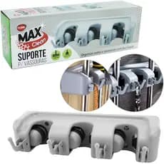 SUPORTE / PORTA VASSOURA COM 3 ENCAIXES E 4 GANCHOS DE PLASTICO MAX CLEAN