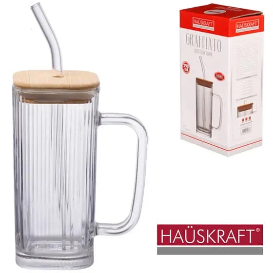 CANECA DE VIDRO QUADRADA COM CANUDO + TAMPA HERMETICA DE MADEIRA / BAMBU GRAFFIATO HAUSKRAFT 290ML