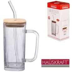 CANECA DE VIDRO QUADRADA COM CANUDO + TAMPA HERMETICA DE MADEIRA / BAMBU GRAFFIATO HAUSKRAFT 290ML