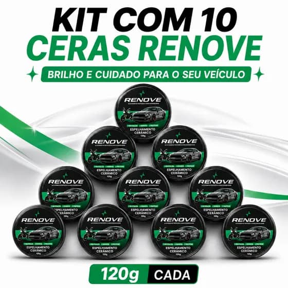 Kit 10 Cera Automotiva Renove Carnaúba Lataria Polimento Tira Riscos Queimado Repele Água Brilho