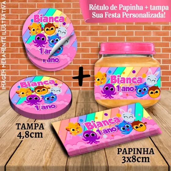 Kit com 10 pares Rótulos Adesivos de Potes e Tampas de Papinha 120g Bolofofos Rosa Menina