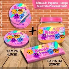 Kit com 10 pares Rótulos Adesivos de Potes e Tampas de Papinha 120g Bolofofos Rosa Menina
