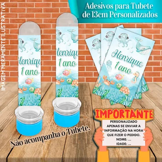 Rótulos adesivos para tubetes de 13 cm Personalizados Fundo do Mar