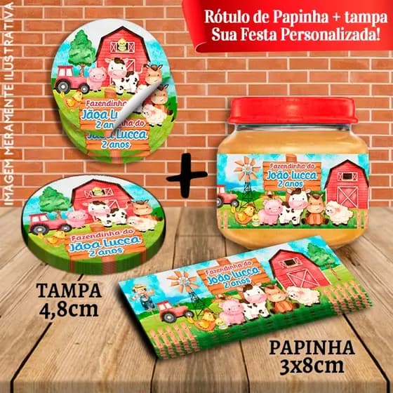 Kit 10 pares de Rótulos Adesivos de Potes e Tampas de Fazendinha Aquarelado