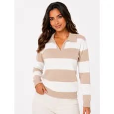 Blusa Suéter Tricot Fino Modal Listrada Gola Polo