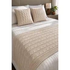Kit Manta Peseira Tricot Trança Cama Casal Queen King + 2 Capas Almofadas Decorativa Premium Sofá