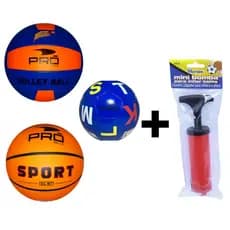 Kit MultiEsportes: 1 Bola de Basquete Tam.7 + 1 Bola de Vôlei + 1 Mini Bola de Futebol + Bomba de Ar
