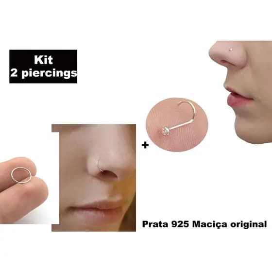 Kit 2 Piercing De Nariz Nostril + Argola Em Prata 925 Legítima E Original