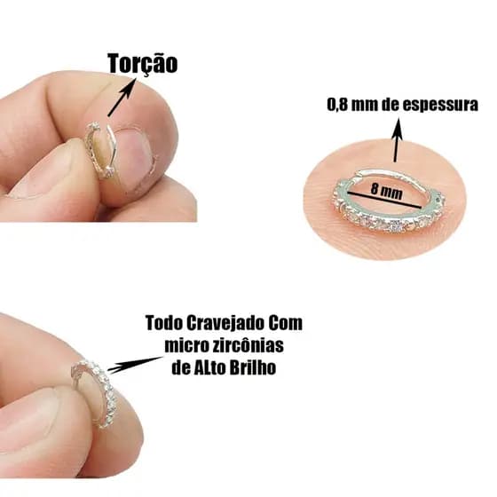 Piercing Argola Prata 925 Original Cravejado com zircônias torção