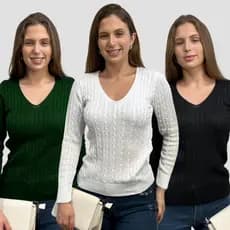 Kit 3 Blusas de Frio Feminina Tricot Gola V Suéter Inverno Liso Casual