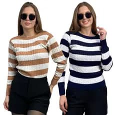 Kit 2 Blusa de Frio Feminina Tricôt Suéter Bicolor Listrado Inverno Frio