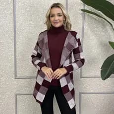 Cardigan Feminino Tricot Casaco Elegante Kimono Xadrez Outono Inverno