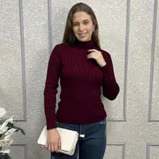 Blusa de Frio Feminina Tricô Gola Alta Manga Longa Trançada Inverno