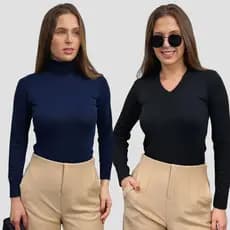 Kit 2 Blusas de Frio Feminina Tricot Cacharrel Gola V Suéter Lã Elastano Inverno