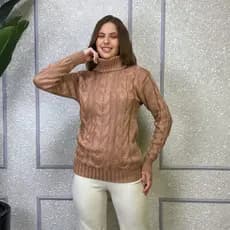 Blusa Feminina Tricô Trançado Gola Alta Cacharrel Plus Size Manga Longa Inverno