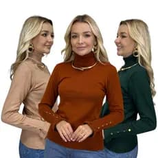 Kit 3 Blusa de Frio Feminina Tricô Cacharrel Suéter Gola Alta Tricot Inverno