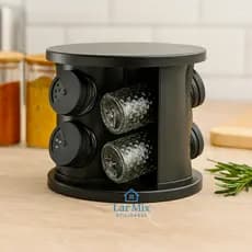 Porta Tempero Giratório 360° 6 Potes de Vidro 85 ML com Tampa Dosadora - Condimentos Especiarias