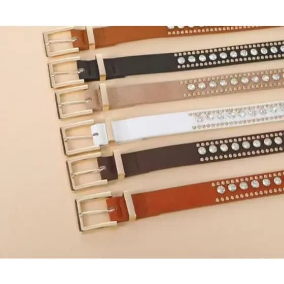 Cinto Feminino PU Fivela Metal Quadrada Dourada Com Pedrarias Brilhante Aplicadas