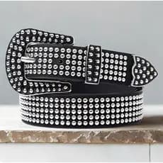 Cinto Feminino Couro PU com Tachas Prata Estilo Western Country Fashion