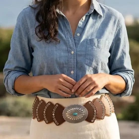 Cinto Feminino Estilo Cowboy Cowgirl Fivela Oval Concho Prata Com Detalhe Pedra Turquesa Vintage Boêmio Boho