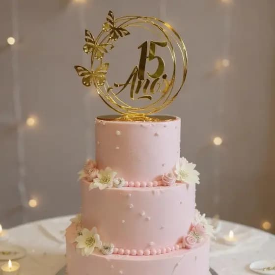 Topo de Bolo 15 Anos Luxo Acrílico Espelhado Topper Borboletas Festa Debutante e Aniversário