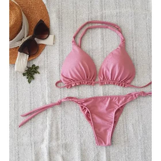 biquíni Cortininha bojo fixo tanga rosa ajustável
