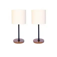 Kit Com 2 Abajures Luminárias De Mesa Base De Madeira Cúpulas Cilíndrica Baixa Iluminação De Quarto Sala E Decoração