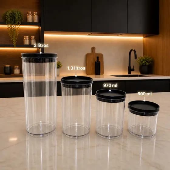 Kit 4 Potes Herméticos de Plástico Redondos com Tampa e Borracha de Vedação