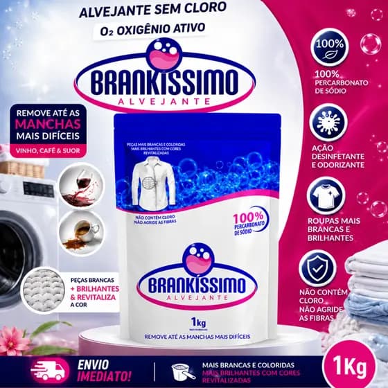 Percarbonato de Sódio Brankissimo 100% puro tira Manchas brancas e coloridas