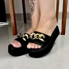Tamanco plataforma Anabela meia Pata com corrente sola alta  salto feminina casual tendência 2024 2025 modelo Eloá
