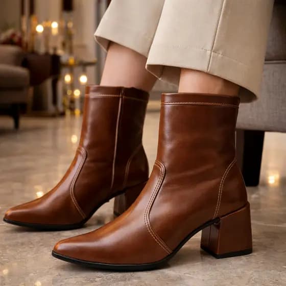 Bota Feminina Cano Curto Salto Bloco Médio Bico Fino Confortável Tendência Outono Inverno 2026 Promoção Western