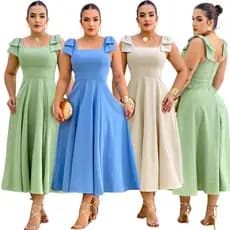 Vestido Feminino Midi Linho com Bojo Laço Liso Duna Moda elegante Festa premium