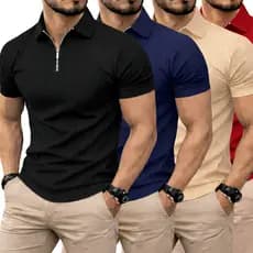 Camiseta Polo Manga Curta Com Ziper Masculina Malha Canelada