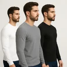 Kit 3 Camisas Masculina Camiseta Canelada Manga Longa Básica