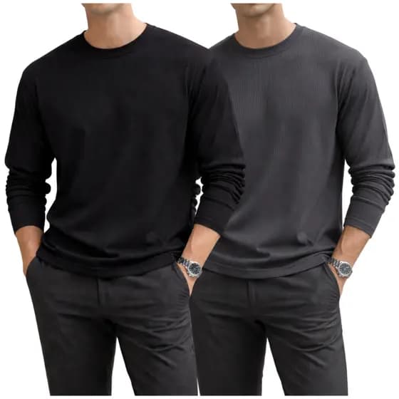 Kit com 2 Camisa Malha Canelada Manga Longa Básica Masculina Casual