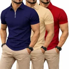 Kit 3 camisas Camiseta Polo Manga Curta Com Ziper Masculina Malha Canelada