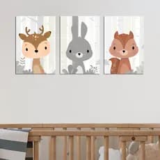 quadros com animais bichinhos fofos para decoração quarto infantil tons cinza coelho hena florestas minimalistas 20x30cm