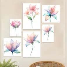 quadros de decoração casa sala quarto escritório mosiaoc flores quarela tons rosa roxo - kit 6 placas MDF
