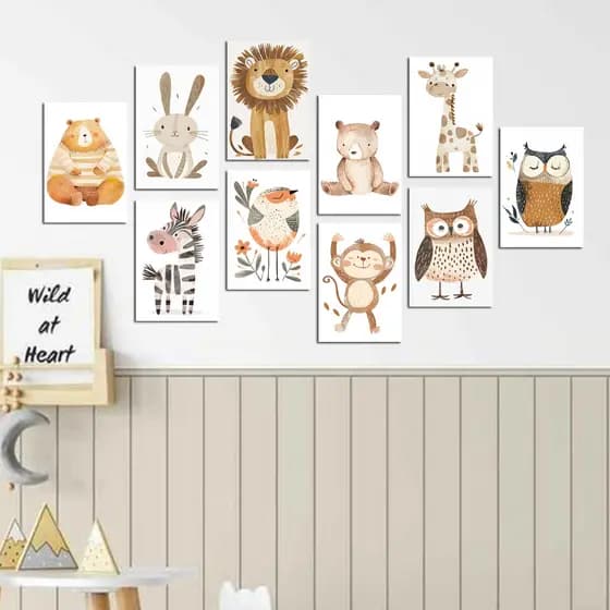 Quadros lindo decoração quarto de bebe kit com 10 placas animais safari leão onça coruja passarinhos tons pasteis -13x20