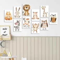 Quadros lindo decoração quarto de bebe kit com 10 placas animais safari leão onça coruja passarinhos tons pasteis -13x20
