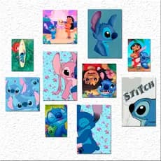 QUADROS PARA DECORAÇÃO INFANTIL MENINA - STITCH AZUL ROSA - OHANA - HAVAI - KIT COM 10 PLACAS MDF