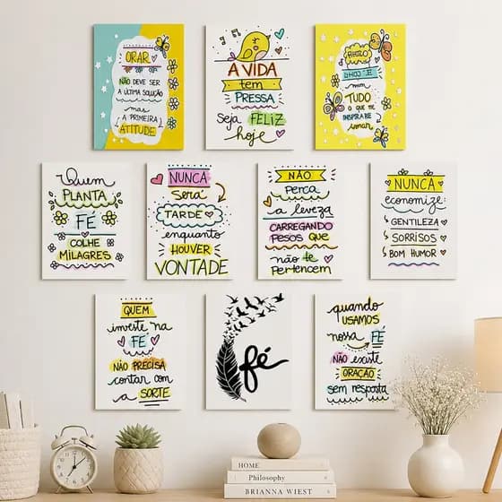 quadros delicados dcoração- conjunto 10 placas MDF frases motivacionais fundo branco - fé alegria paz - 13x20cm