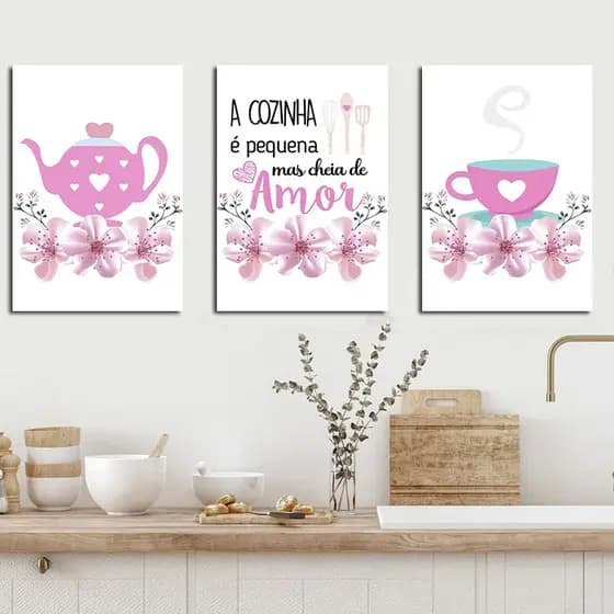quadros delicados para cozinha bule xicara batedeira flores - pink rosa - A cozinha é pequena mais cheia de amor 20x30cm