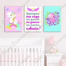 Kit 3 Quadros Infantil MDF 20x30cm Magia do Unicórnio, Oração e Fundo do Mar Decoração Moderna para Quarto de Menina