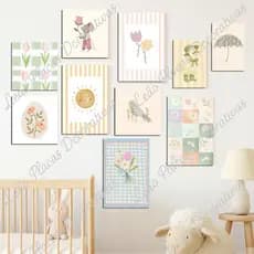 quadros decoração quarto infantil imagens aquarelas flores margarida sol listras tons pasteisquarda chuva florido kit 10