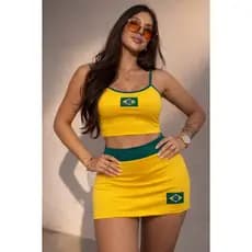 Conjunto Feminino Cropped + Saia Curta do Brasil Suplex Estilo Copa Verão Praia Casual Fashion