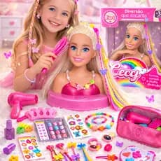 Boneca Busto Fala Frases + Kit Maquiagem Esmalte Adesivo acessórios escova Cabelo secador Brinquedos