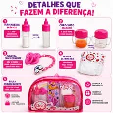 Kit Bolsa Rosa Acessórios Bonecas Reborn peq. Fralda Mamadeira Chupeta Prendedor Brinquedos infantil